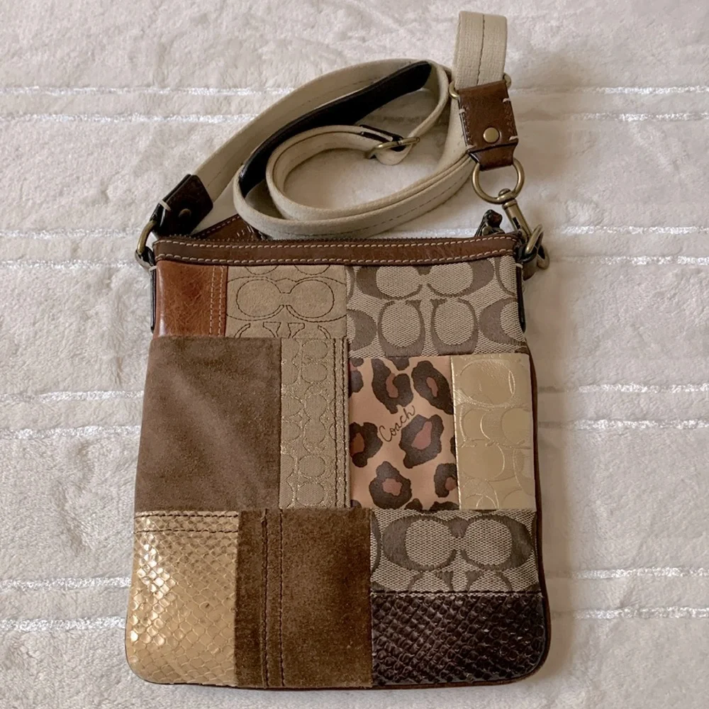 Coach Animal Print Patchwork Shoulder Crossbody Bag with Adjustable Strap